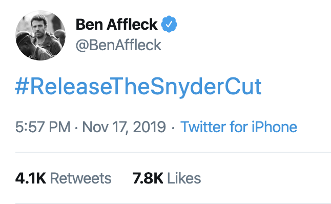 Tuit de Ben Affleck pidiendo liberar el Snyder Cut